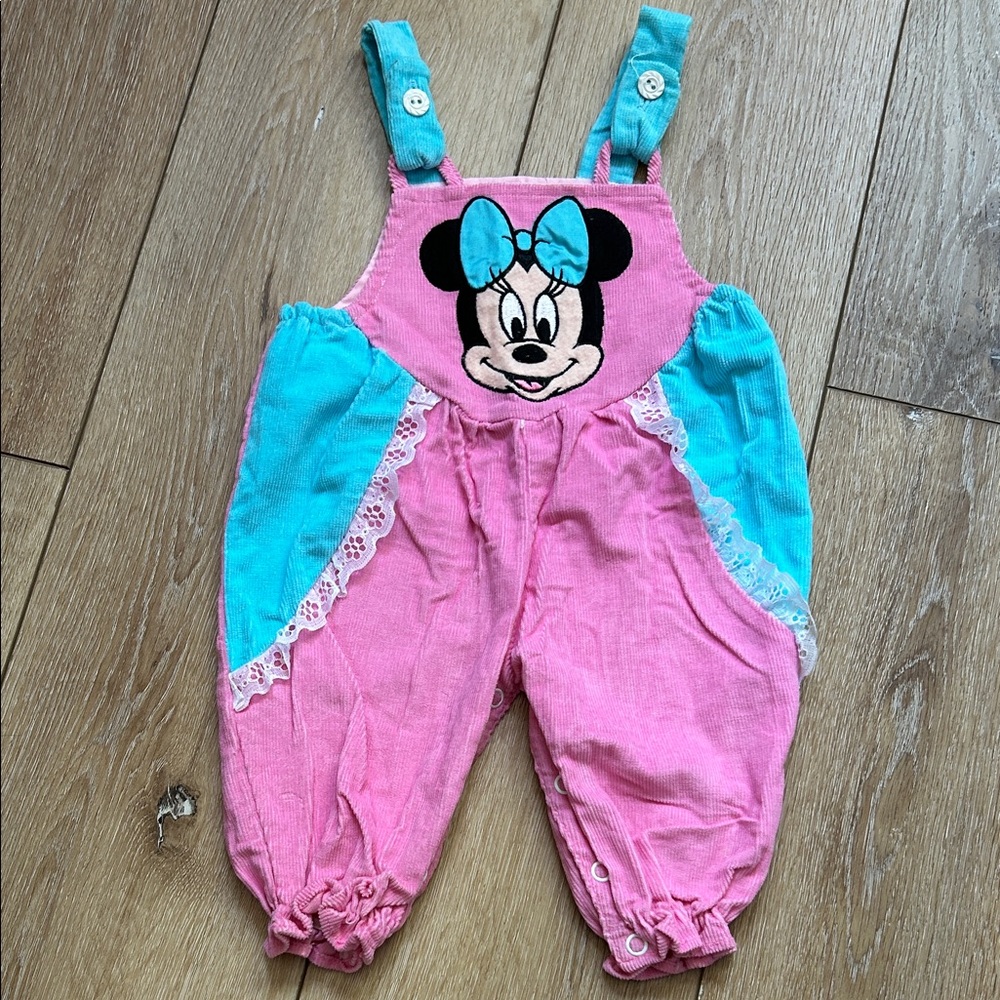 Vintage Disney Babies Newborn to 6 Mos Baby Minnie Mouse Pink Corduroy Overalls